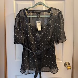 NWT Lane Bryant Size 14/16 Black & Gold Metallic Polka Dot Sheer Blouse